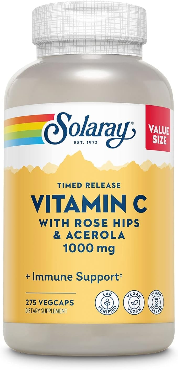 SOLARAY, 비타민 C 1000mg, 로즈 힙 & 아세로라 바이오플라보노이드 함유 서방형 캡슐, 2단계 고흡수 및 하루 종일 면역 기능 지원, 60일 보증, 275회 제공량, 275 베지 캡슐 상세 이미지