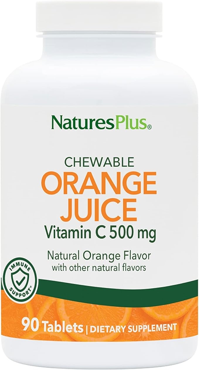 Natures Plus, 오렌지 주스, 츄어블, 비타민 C - 500mg, 90정 - 고효능, 면역 및 혈관 건강 지원 보충제, 항산화제 - 위장에 순함 - 채식주의자, 글루텐 프리 - 90회 제공량 상세 이미지