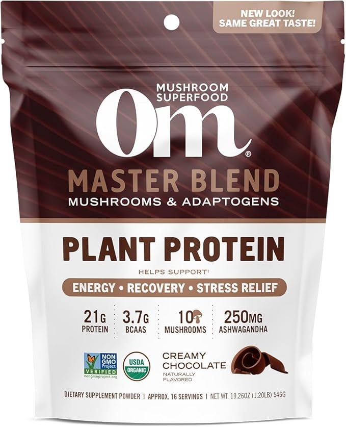 OM Mushroom Superfood 마스터 블렌드 식물 기반 단백질 파우더, 546g(19.5온스), 16회분, 버섯 복합체 10개가 함유된 크리미 초콜릿 단백질, 사자 갈기, 최적의 건강과 회복을 위한 강장제 상세 이미지