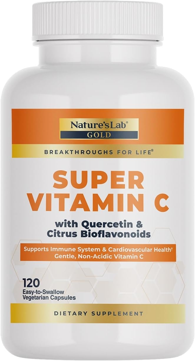 Nature's Lab Gold, 슈퍼 비타민 C 1000mg – 면역 체계 지원 – 바이오플라보노이드 복합체 및 케르세틴 함유 – 비산성, 유전자 변형 성분 없음, 글루텐 프리, 비건 – 120 캡슐(2개월 분량) 상세 이미지