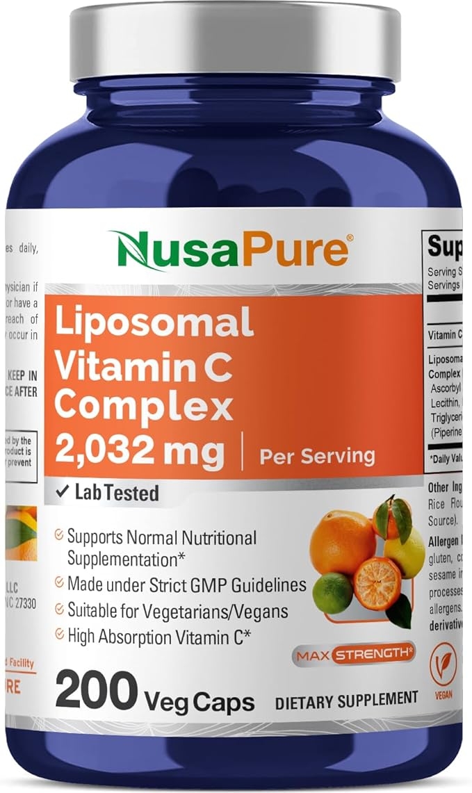 NusaPure 리포솜 비타민 C 2032mg - 200 베지 비건 캡슐, 바이오페린 - 고흡수 아스코르브산 상세 이미지
