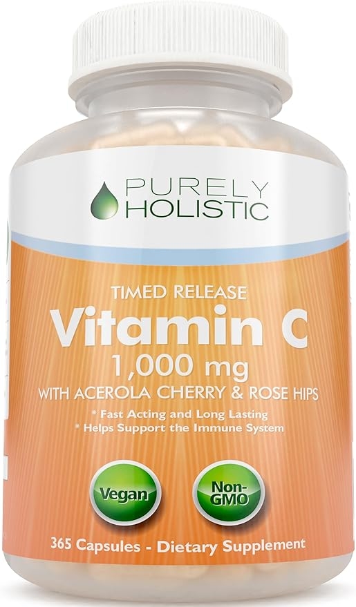 퓨리먼 홀리스틱 비타민C, 1000mg, 캡슐 365정, 12개월분, 아스코르브산, 로즈힙 & 아세로라 체리, 바이오플라보노이드, 면역 체계 지원, 비건 함유 2단계 정시 방출 상세 이미지