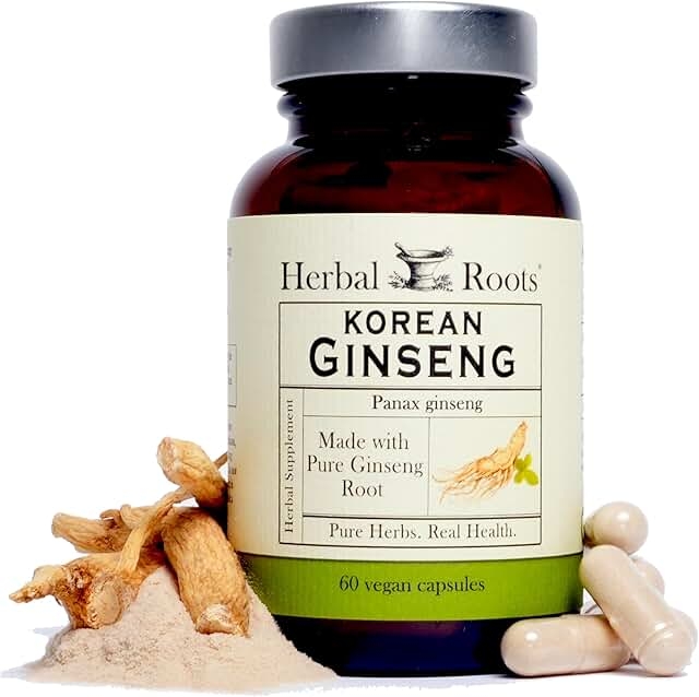 Herbal Roots Panax 인삼 | 유기농 한국 인삼 뿌리 파우더 | 1000mg | 에너지 및 성능을 위한 고 진세노사이드 | 비건 캡슐 60개 상세 이미지
