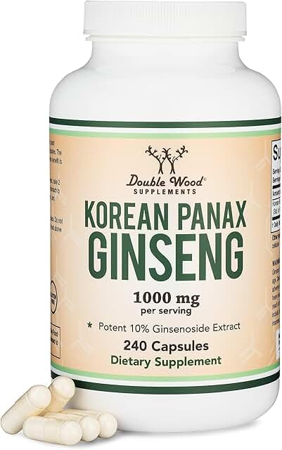 Double Wood 인삼 캡슐 (한국산 홍삼 추출물, 인삼 10% 진세노사이드) (4개월 분량) 비건 캡슐 240개 - 기분, 인지 기능 및 에너지 지원을 위한 1회 제공량당 1,000mg 상세 이미지