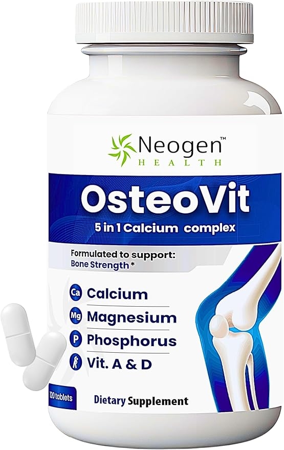 OsteoVit 5-in-1 칼슘 120정 종합 비타민: 칼슘, 마그네슘, 인, 비타민 D3 & A - 뼈 강화 및 유연성 향상*, 비GMO 글루텐 프리 | 비타민 D가 함유된 남녀용 칼슘 보충제 상세 이미지
