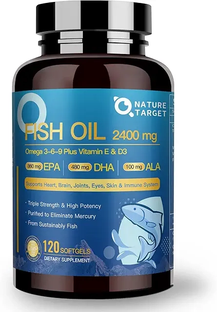 NATURE TARGET 트리플 오메가 3 6 9, 피쉬 오일 2400mg 소프트젤 비타민 D3 및 E 포함 - EPA 및 DHA 및 ALA - 심장, 뇌, 관절 및 면역 건강 지원, 지속 가능한 공급, GMO 프리 상세 이미지