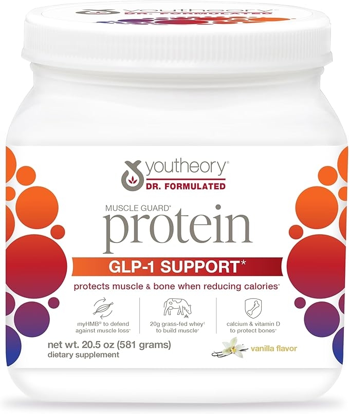 Youtheory Muscle Guard Protein GLP-1 서포트 - 유청 단백질 파우더 보충제 - GLP-1 사용자용 - 근육 및 뼈 지원 - myHMB, 칼슘 및 비타민 D 포함 - 581.2g(20온스) 파우더 상세 이미지