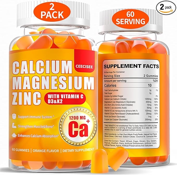여성/남성용 칼슘 마그네슘 구미: 비타민 C, D3, K2 함유 1200mg 칼슘 시트르산 아연 구미 - 비건 무설탕 씹어먹는 고흡수 에너지 면역 지원 보충제(120개입) 상세 이미지