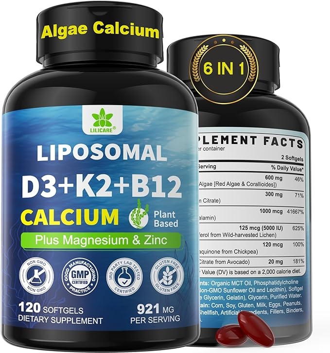 여성, 남성을 위한 6-in-1 식물성 칼슘 보충제 - 칼슘 600mg, 비타민 D3, K2, 5000IU 함유, 리포좀 및 조류 칼슘, 마그네슘, 아연 + 비건 비타민 D 5000IU + 뼈 건강 유지를 위한 K2 MK7 + 메틸 B12, 1팩 상세 이미지