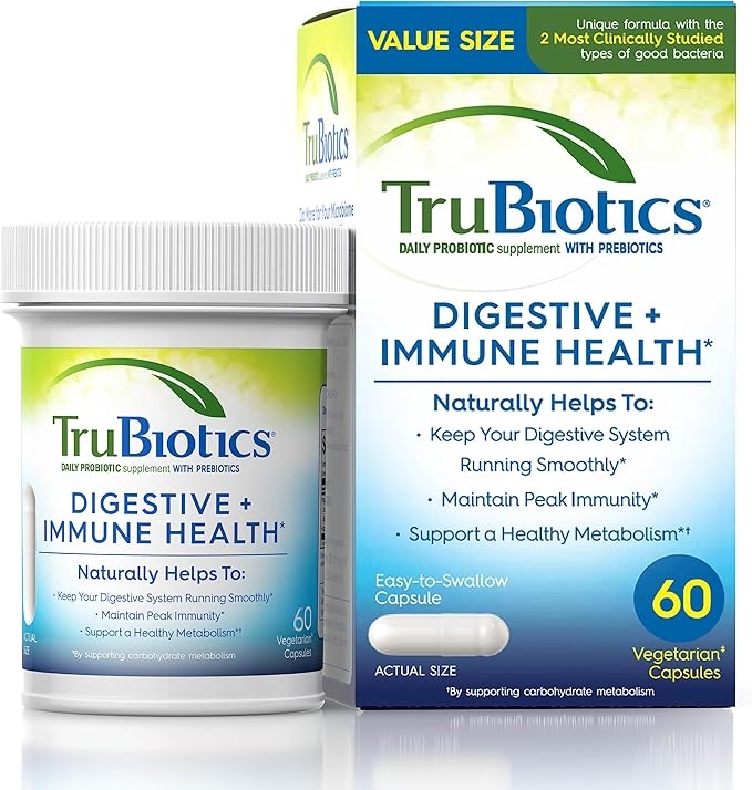 TruBiotics Probiotics for Digestive & Immune Health, Supports Regularity & Helps Relieve Abdominal Discomfort, Gas & Bloating, 2 Clinically Studied Probiotic Strains, Plus Prebiotics, 60 Capsules 상세 이미지