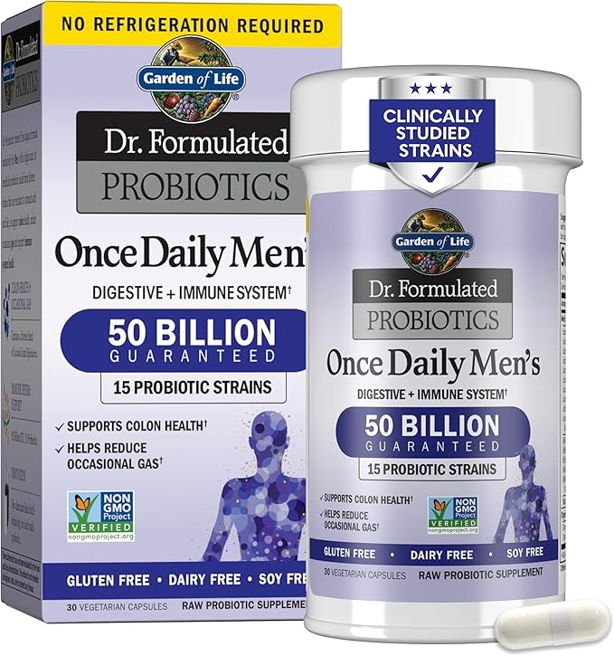 Garden of Life Probiotics for Men Dr Formulated 50 Billion CFU 15 Probiotics for Digestive Health + Organic Prebiotic Fiber for Colon & Immune Support, Daily Gas Relief, Shelf Stable, 30 Capsules 상세 이미지