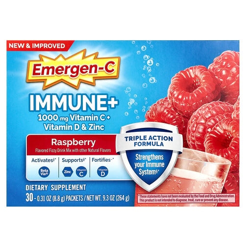 이머전-씨 Emergen-C, Immune+ 비타민C + 비타민D 및 아연, 라즈베리, 30팩, 개당 8.8g(0.31oz) 상세 이미지