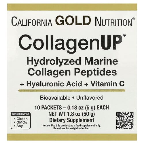 캘리포니아 골드 뉴트리션 California Gold Nutrition, CollagenUP®, 가수분해 해양 콜라겐 펩타이드, 히알루론산 및 비타민C 함유, 무맛, 10팩, 각 5g(0.18oz) 상세 이미지