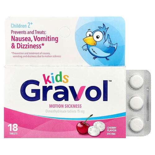 Gravol, 어린이, 멀미, 만 2세 이상 어린이, 체리, 15mg, 18정 상세 이미지