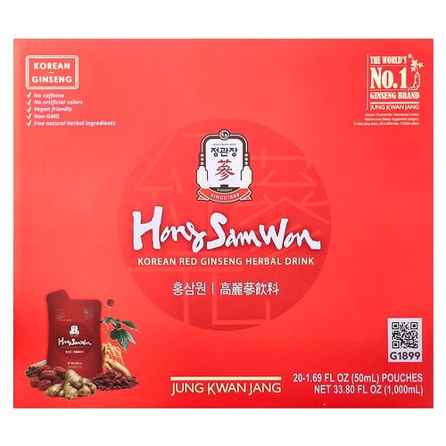 정관장 JungKwanJang, 한국산 홍삼 허브 드링크, 파우치 20개, 개당 50ml(1.69fl oz) 상세 이미지
