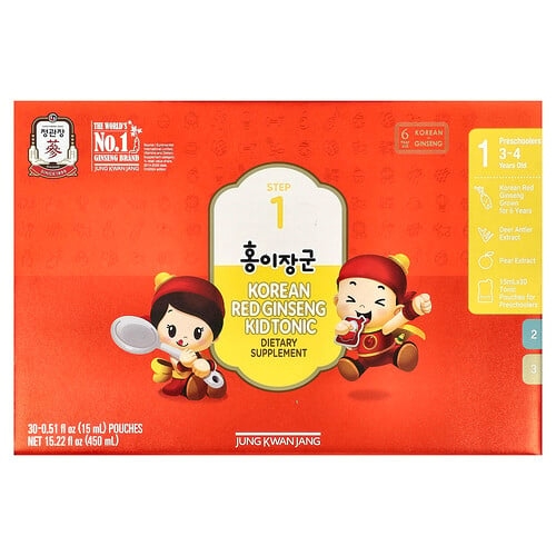 정관장 JungKwanJang, 한국산 홍삼 어린이 강장제, 1단계, 만 3~4세, 파우치 30개, 15ml(0.51fl oz) 상세 이미지
