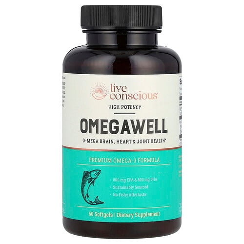 Live Conscious, OmegaWell, 프리미엄 오메가3 포뮬라, 고효능, 소프트젤 60정(소프트젤 1정당 1,000mg) 상세 이미지