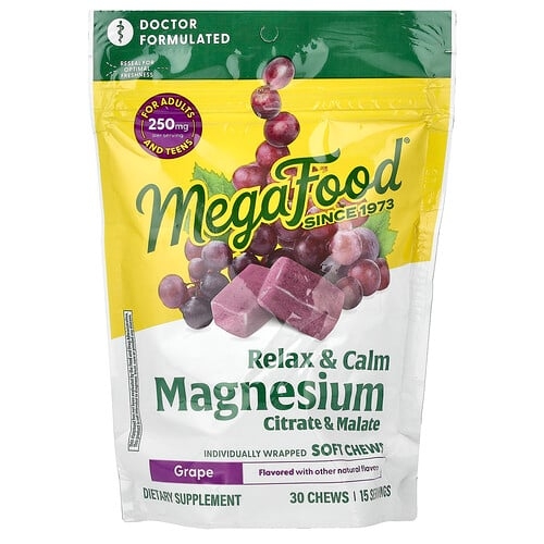 메가푸드 MegaFood, 마그네슘, 시트레이트 및 말레이트, 포도맛, 개별 포장된 소프트츄 30개(츄 1개당 125mg) 상세 이미지