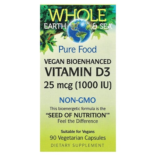 네츄럴 펙터스 Natural Factors, Whole Earth & Sea, 식물성 생체 활성 강화 비타민D3, 25mcg(1,000IU), 베지 캡슐 90정 상세 이미지