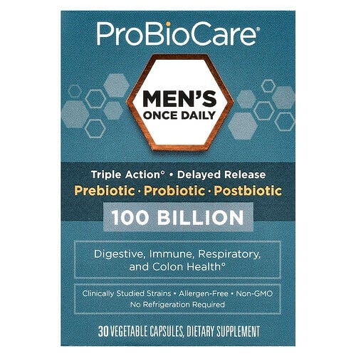 프로바이오케어 ProBioCare, 매일 한 번 복용하는 남성용 프리바이오틱, 프로바이오틱, 포스트바이오틱, 1,000억, 베지 캡슐 30정 상세 이미지