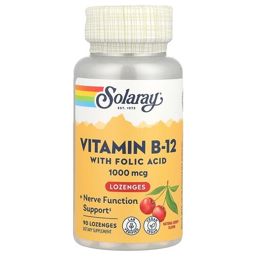 소라레이 Solaray, 비타민B-12, 엽산 함유 사탕 정제, 천연 체리 맛, 1,000mg, 사탕 정제 90정 상세 이미지