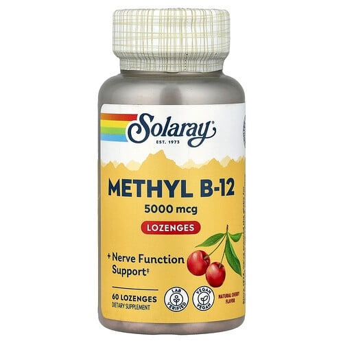 소라레이 Solaray, 메가 포텐시 메틸 B-12, 천연 체리 맛, 5000 mcg, 60 사탕 상세 이미지