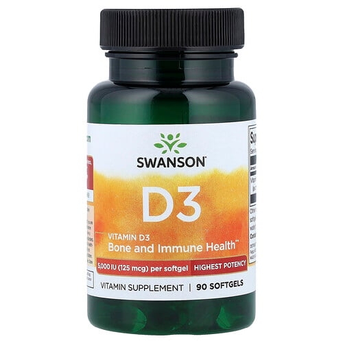 스완슨 비타민 Swanson Vitamins, 비타민D3, 최고 효능, 125mcg(5,000IU), 소프트젤 90정 상세 이미지