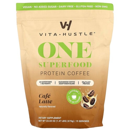 VitaHustle, 슈퍼 푸드 프로틴 커피, 카페 라떼, 670g(1.47lb) 상세 이미지