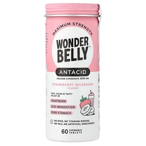 원더벨리 Wonderbelly, Antacid, 딸기 밀크셰이크, 츄어블 정 60정(1정당 1,000mg) 상세 이미지
