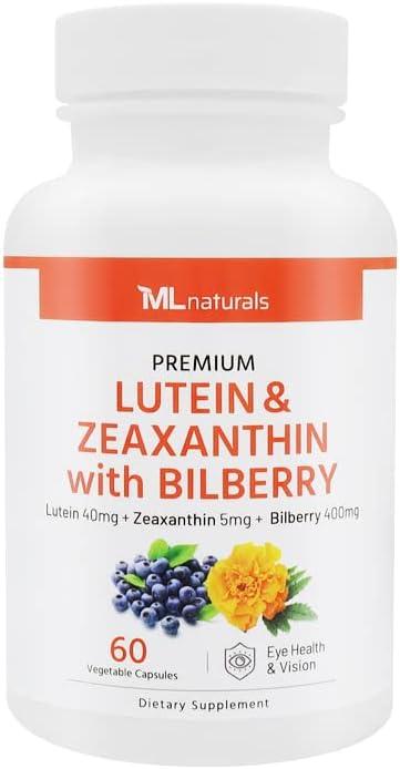 ML Naturals 프리미엄 루테인 및 제아잔틴, 빌베리 60 식물성 캡슐. 루테인 40 mg, 제아잔틴 5 mg, 빌베리 400 mg. 프리미엄 품질. 건강한 눈과 시력, NSF 인증 및 cGMP 준수 상품 이미지