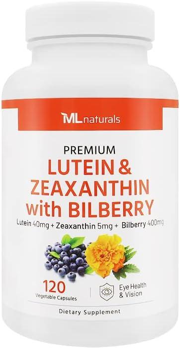 ML Naturals 프리미엄 루테인 및 제아잔틴, 빌베리 120 식물성 캡슐. 루테인 40 mg, 제아잔틴 5 mg, 빌베리 400 mg. 천연 성분. 높은 효능 및 프리미엄 품질. 건강한 눈과 시력. 상품 이미지