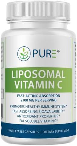 PURE 리포솜 비타민 C 캡슐, 2100mg, 해바라기 레시틴, 180 캡슐, 60일 분량, 프리미엄 웰니스 보충제 이미지