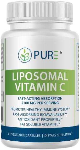 PURE 리포솜 비타민 C 캡슐, 2100mg, 해바라기 레시틴, 180 캡슐, 60일 분량, 프리미엄 웰니스 보충제
