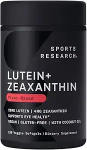 Sports Research 비건 루테인 + 제아잔틴(20mg) 더 나은 흡수를 위한 유기농 코코넛 오일 함유 - 시력 및 눈 건강 지원 - 비건 인증 및 GMO 프리 인증 (소프트젤 120개) 상품 이미지