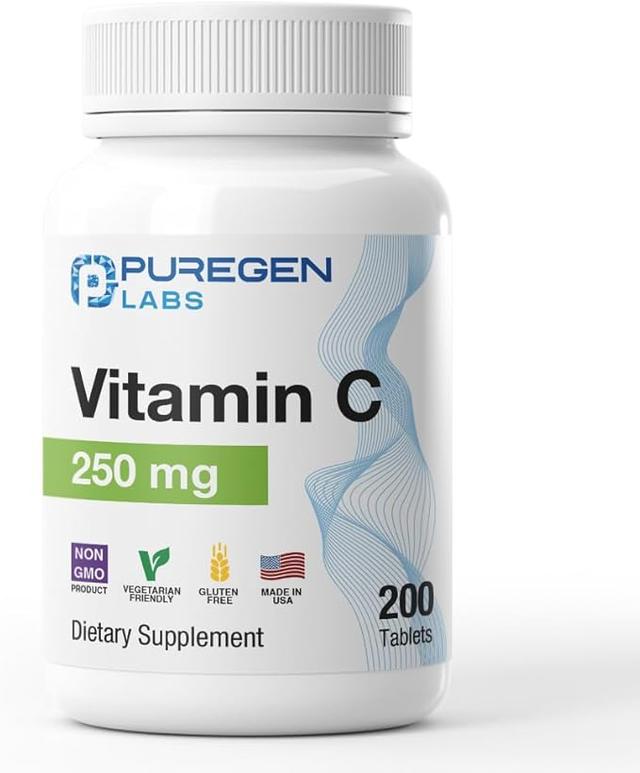 Puregen Labs, 비타민C 250MG, 건강한 면역 체계 및 항산화 보호 지원 | 유전자 변형 성분 무함유 | 글루텐 무함유 | Made in USA - 200 정