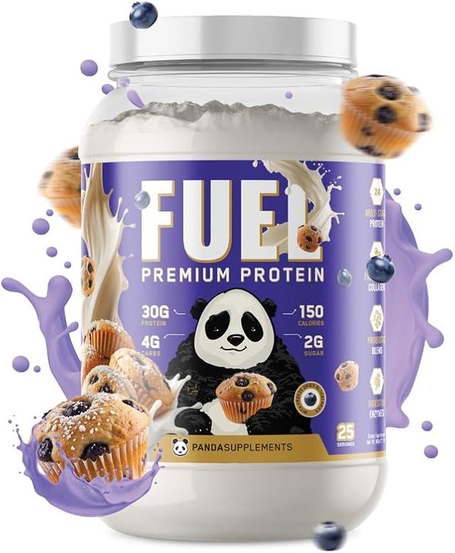 Panda Fuel 프리미엄 단백질 유청, 가수분해된 콜라겐, 카제인, 프로바이오틱스, 효소, 케토 친화적, 시간 방출, 25회 분량 (1.1kg(2.5파운드), 블루베리 머핀(포함 포함) 상품 이미지