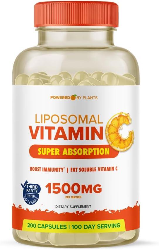 리포솜 비타민 C 캡슐, 1500mg 완충 고흡수 VIT C, 면역 체계 및 콜라겐 부스터, 1500mg, 고용량 지용성 면역 지원 아스코르브산 보충제 (200 캡슐) 비건