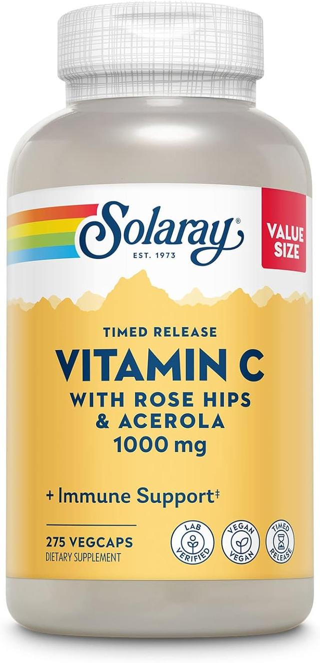 SOLARAY, 비타민 C 1000mg, 로즈 힙 & 아세로라 바이오플라보노이드 함유 서방형 캡슐, 2단계 고흡수 및 하루 종일 면역 기능 지원, 60일 보증, 275회 제공량, 275 베지 캡슐