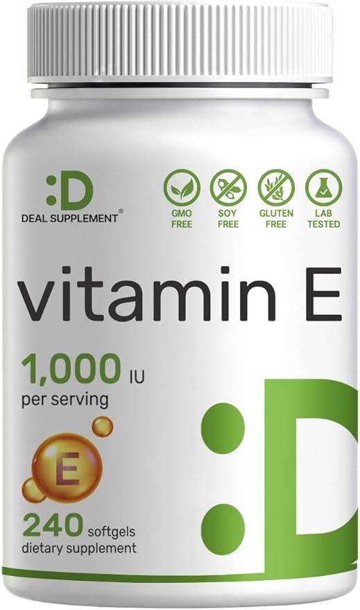 DEAL SUPPLEMENT 비타민 E 보충제, 1회 제공량당 1,000IU, 소프트젤 240개 - 초강력 항산화 보호 - 생체 이용 가능한 안정적인 형태 - 피부, 심장, 뇌 및 면역 지원 - GMO 프리