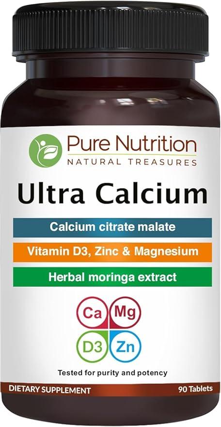 Pure Nutrition Ultra Calcium 1000mg (비타민 D3 + K2 함유) | 90정 | 칼슘 시트르산 말레이트, 비타민 D3, K2, 모링가 올레이페라, 마그네슘, 아연이 함유된 고흡수성 칼슘 보충제.