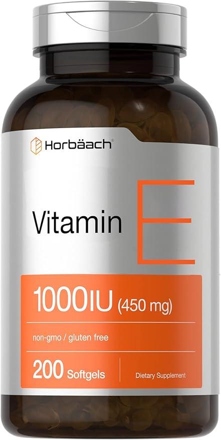 Horbäach 비타민 E 1000 IU 소프트젤 캡슐 | 200개 | GMO 프리, 글루텐 프리, 방부제 프리 | 비타민 E 오일