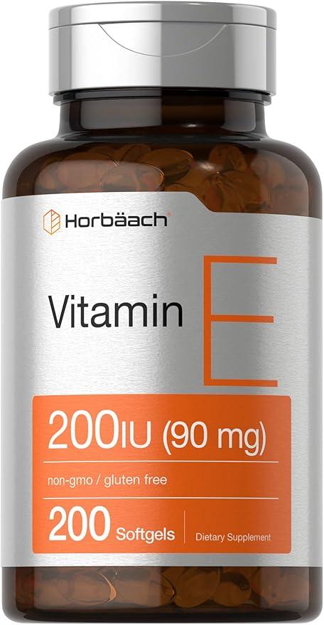 Horbäach 비타민 E 소프트젤 캡슐 | 200 IU (90mg) 보충제 | 200개 | GMO 프리 및 글루텐 프리 포뮬러
