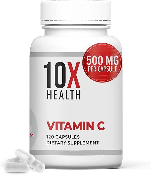 10X Health, 비타민C 1000mg - 120캡슐, 성인용 면역, 항산화 보호, 콜라겐 및 조직 지원을 위한 고용량 아스코르브산-비타민C - 비타민C 1000mg - 유전자 변형 성분 무함유, 글루텐 프리