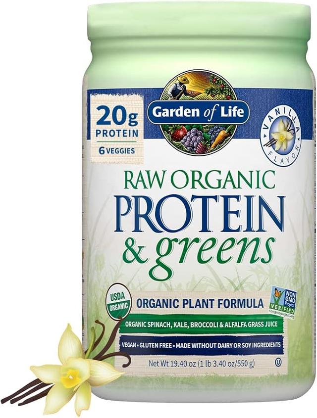 Garden of Life Raw Organic Protein & Green - 바닐라 - 여성 및 남성용 비건 단백질 파우더, 식물성 단백질, 완두콩 단백질, 채소 및 프로바이오틱스 - 유제품 프리, 글루텐 프리 저탄수화물 쉐이크, 20회 분량 상품 이미지