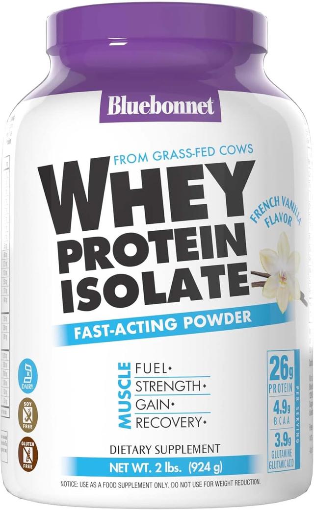 BlueBonnet Nutrition 목초 사육 소에서 분리 유청 단백질, 단백질 26g, 설탕 무첨가, 글루텐 및 콩 무첨가, 코셔 유제품, 0.9kg(2파운드), 28회분, 프렌치 바닐라 맛