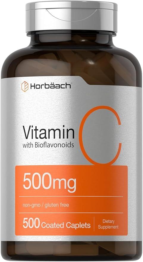호르바흐 비타민C 500mg | 500 캐플릿 | 바이오플라보노이드와 로즈 힙 함유 | 여성과 남성을 위한 보충제 | 채식주의자, 유전자 변형 성분 무함유, 글루텐 프리