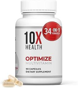 10X Health Optimize Methylated Multivitamin - 90 Capsules, 34 in 1 Formula with 800 mcg of Vitamin B12 - Methylated Multivitamin for Men & Women with 5-MTHF, NAC, Methyl B Complex - MTHFR Supplement 이미지