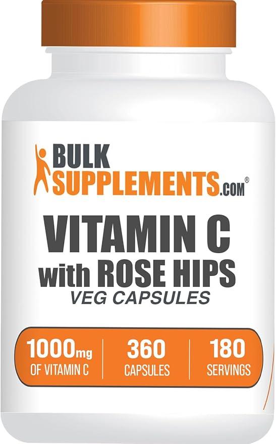 BulkSupplements.com 비타민 C 함유 로즈 HIPS 캡슐 - 비타민 C 1000mg 및 로즈 HIPS 15mg, 면역 지원 - 비건, 1회 제공량당 캡슐 2정, 360개입(1팩)