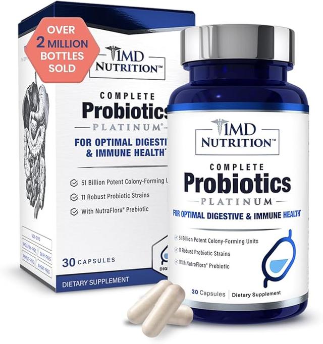 1MD Nutrition Complete Probiotics Platinum - w/Prebiotics and Probiotics for Digestive Health - Probiotic Supplement for Women & Men - More Than 50 Billion Live CFU 11 Strains Dairy-Free - 30 Caps 상품 이미지