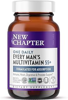 New Chapter Men's Multivitamin 50 Plus for Brain, Heart, Digestive, Prostate & Immune Support with 20+ Nutrients + Astaxanthin - Every Man's One Daily 55+, Gentle on The Stomach - 72 ct 상품 이미지